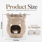 Decorative oil burner with tealights and dimensions on a white background