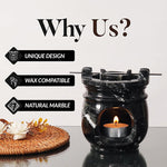 Black marble wax warmer with a lit candle on a white background, featuring text about unique design, wax compatibility, and natural marble.