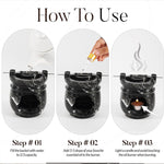 Instructions on how to use an oil burner with steps and a hand adding essential oil.