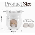 White ceramic oil burner with dimensions and tealights on a white background