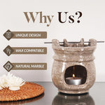 Marble-patterned wax warmer with a lit candle on a reflective surface, featuring text about its unique design, wax compatibility, and natural marble finish.