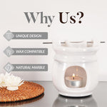 White wax warmer with a lit candle on a white surface, featuring text about unique design, wax compatibility, and natural marble.