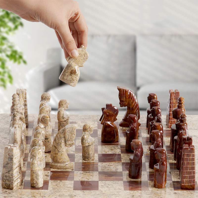 CoralandRedAntiqueHandmade15InchesPremiumQualityMarbleChessSet